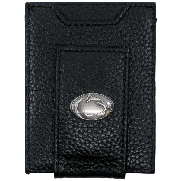 black pebble leather wallet with metal Penn State Athletic Logo